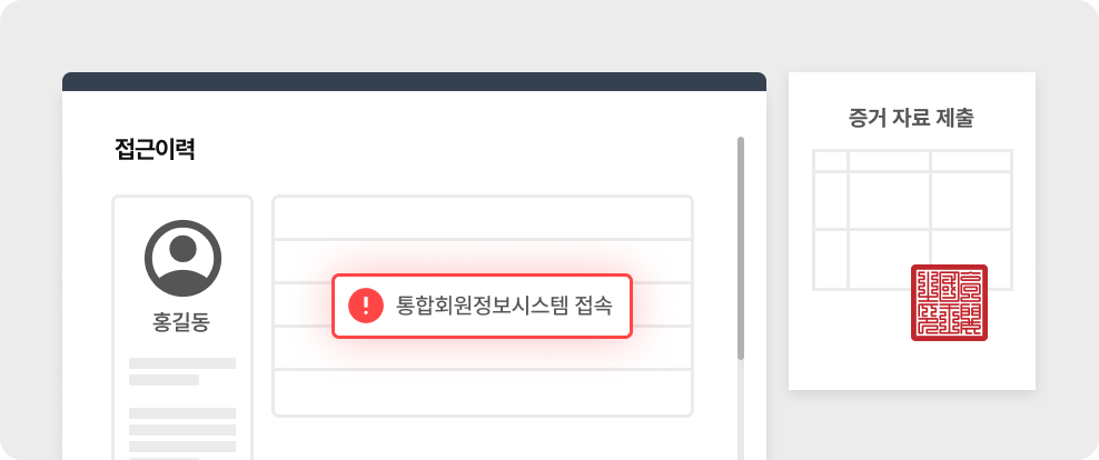 UBI SAFER-IMS 접근이력 통합관제 화면: 사용자의 시스템 접속 이력 및 타임라인 기반 추적 기능