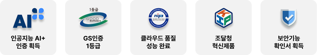인증 현황: 인공지능 AI+ 인증 획득, GS인증 1등급, 정보통신산업진흥원(nipa) 클라우드 품질성능 완료, 조달청 혁신제품, 한국정보보안기술원(KOIST) 보안기능확인서 획득
