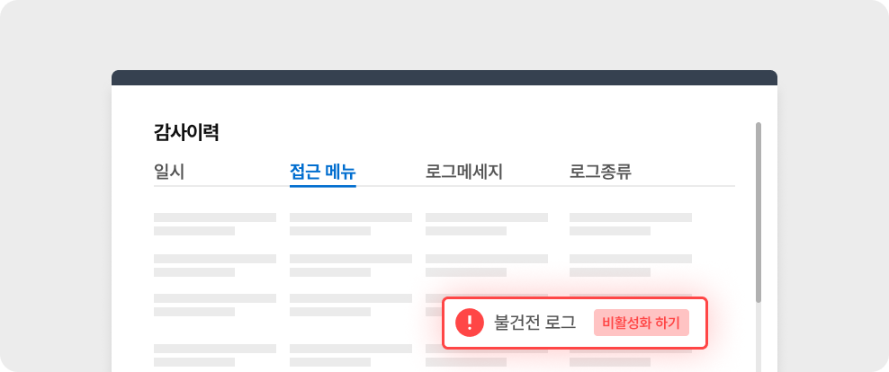 감사이력 테이블에서 ‘불건전 로그’ 항목이 경고 표시와 함께 강조되고, 옆에 ‘비활성화 하기’ 버튼이 있는 보안 감사 화면.