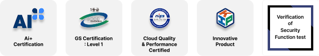 Certification Status: AI+ Certification, GS Certification Grade 1, NIPA Cloud Quality Performance Verification, PPS Innovative Product, KOIST Security Function Confirmation