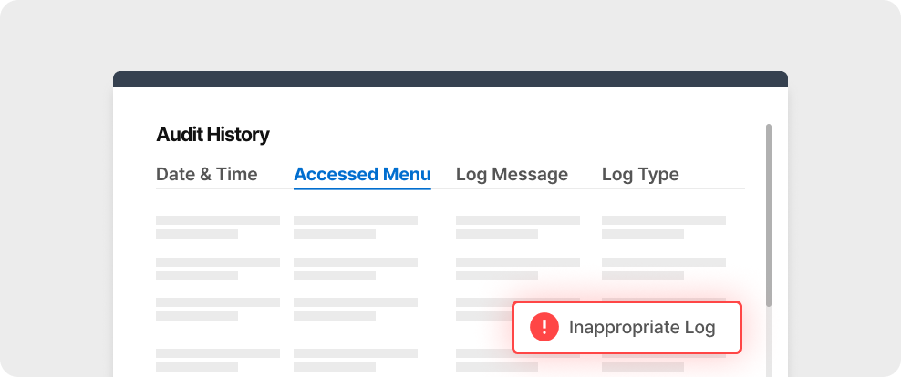 A system audit dashboard displaying a flagged ‘Unhealthy Log’ entry with a warning indicator and a deactivation option for policy enforcement.