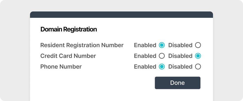 A domain configuration interface enabling administrators to define PII usage policies across diverse environments including Web, Cloud, and API.