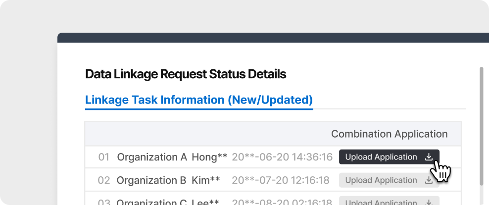 Automated Data Combination Workflow and Status Management: Centralized dashboard for managing inter-agency data combination requests, featuring automated integrity verification, key mapping, and adequacy assessment.